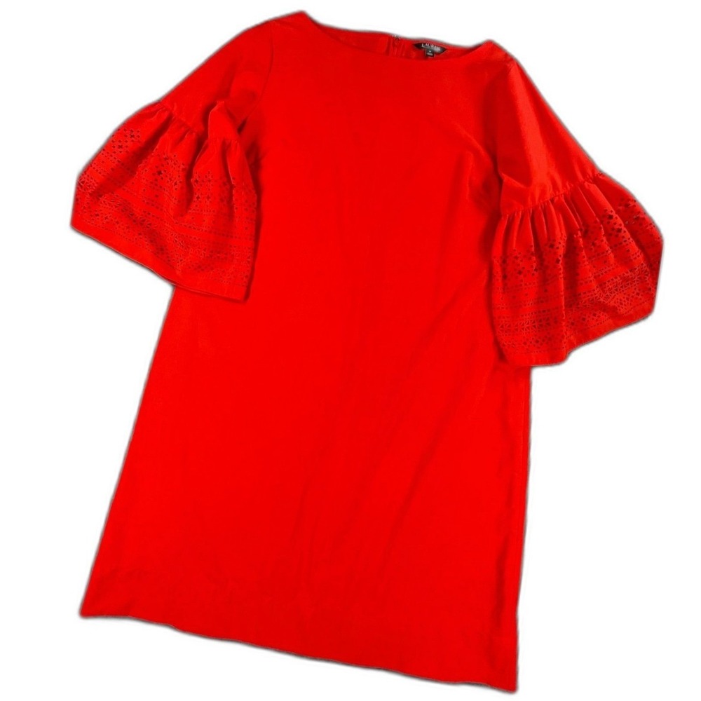Lauren Ralph Lauren Kadijah Laser Cut Bell Sleeve Shift Dress 16 Red Poplin LRL